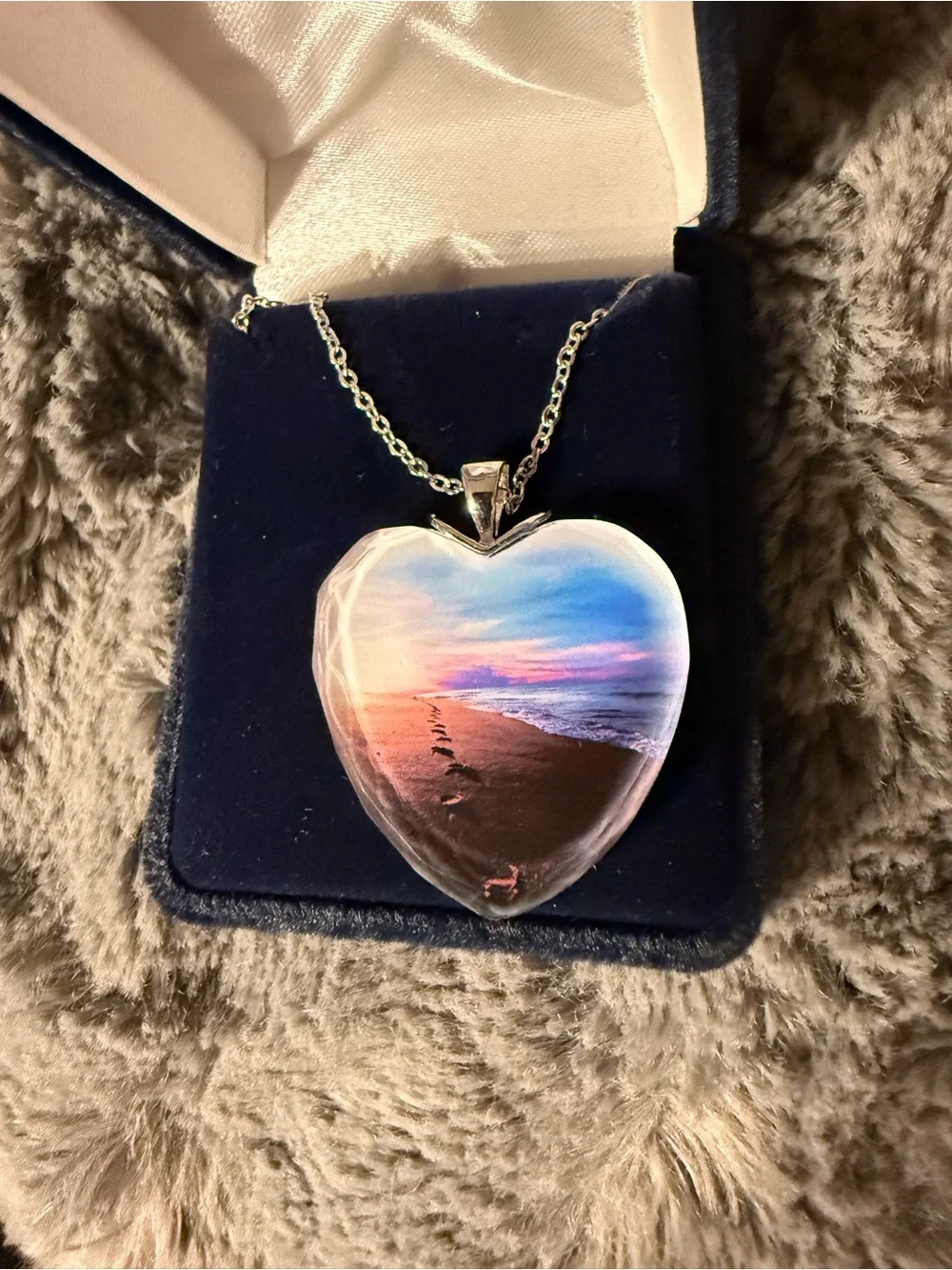 Danbury Mint Footprints in the Sand Crystal Heart Pendant Necklace New In Box